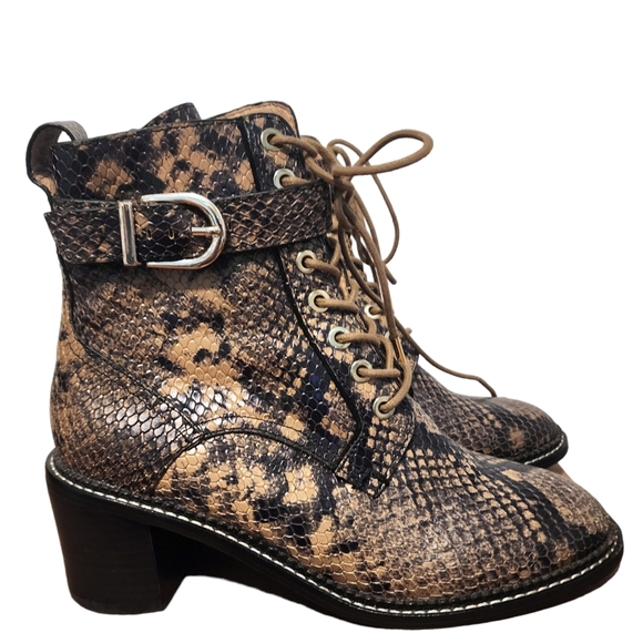NEW Joie Raster Block Heel Snakeskin Embossed Leather Combat Boots - Picture 5 of 9